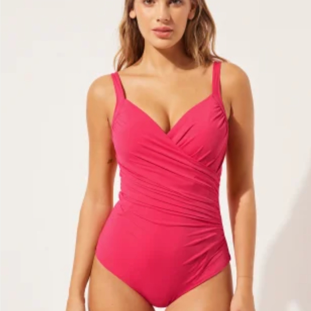 New $180 Miraclesuit SANIBEL Underwire Bra Wrap-style Hot Pink Swimsuit Size 14